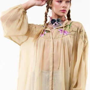 Sheer Embroidered Peasant Blouse - Cream